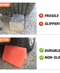 Before and after comparison of a wooden block and an orange Premium 4 Pack Heavy Duty Wheel Chocks With Eyebolt For Travel Trailers Campers Trucks Cars And ATVs All Weather Durable Rubber Block And Polyfoam Construction Orange under a car tire, highlighting durable and non-slip features.