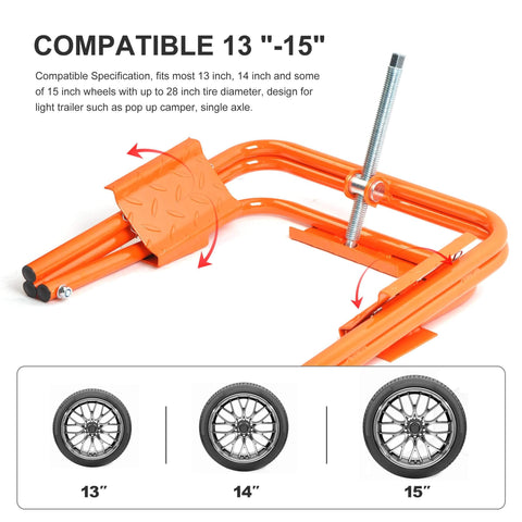 Image of Yellow RV Leveler For Trailers And Campers With Ratchet Wrench Lightweight Tire Leveling System For 12 Inch Wheels installed