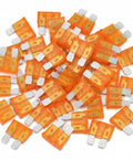 Pile of orange fuses in an 80 Piece 5 Amp Standard Blade Fuses Set For Cars RVs Trucks SUVs Motorcycles And Boats With 32 Volt Fast Acting Fuses