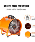 Industrial Portable Air Mover Blower Fan 12 Inch VEVOR 3198 CFM 585W With 33ft Flexible Duct For Ventilation Exhaust Smoke Odor Removal ETL Certified Durable Steel Orange