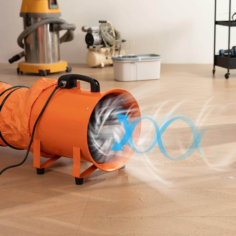 Industrial Portable Air Mover Blower Fan 12 Inch VEVOR 3198 CFM 585W With 33ft Flexible Duct, orange steel in use