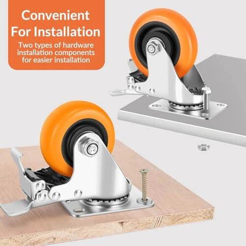 2 Inch Heavy Duty Locking Caster Wheels Set of 4, Orange Polyurethane Swivel Plate Casters with Brake, shown installed on boards