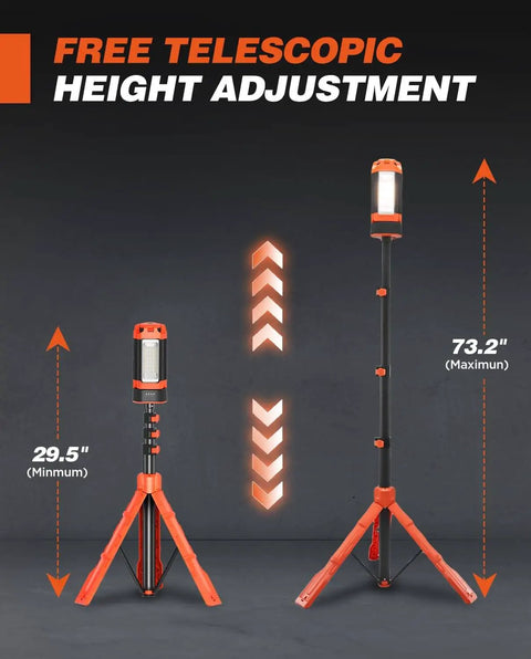 Beefed Up 12000mAh Portable Camping Light With Stand showing telescopic height adjustment from 29.5 to 73.2 inches