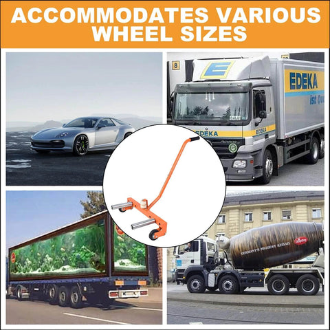 Orange Heavy-Duty Adjustable Tire Wheel Dolly for Workshop, Garage, shown with diverse vehicles and wheel sizes.