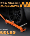 ✝️ Heavy-Duty Adjustable Tire Wheel Dolly for Workshop, Garage, Orange with 660 lbs capacity, shown under car wheel for alignment
