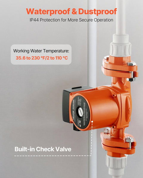 Cast Iron Circulator Pump For Home Water Heating 17 GPM 120V AC 1 Inch Flange 3 Speed Settings Quiet Operation Workhorse For Hot Water Recirculation In Residential Systems By VEVOR, side view showing waterproof feature and installed pipes.
