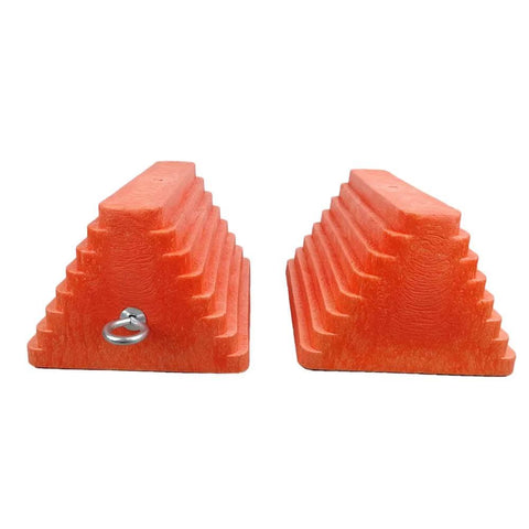 Heavy Duty Orange Wheel Chocks 2 Pack With Eyebolt For Travel Trailer 10 Inch Long 8 Inch Wide 5.7 Inch High Durable Structural Foam Chocks