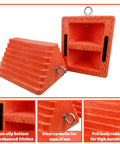 Heavy Duty Orange Wheel Chocks 2 Pack With Eyebolt For Travel Trailer, side and bottom view showing non-slip design and structural foam.