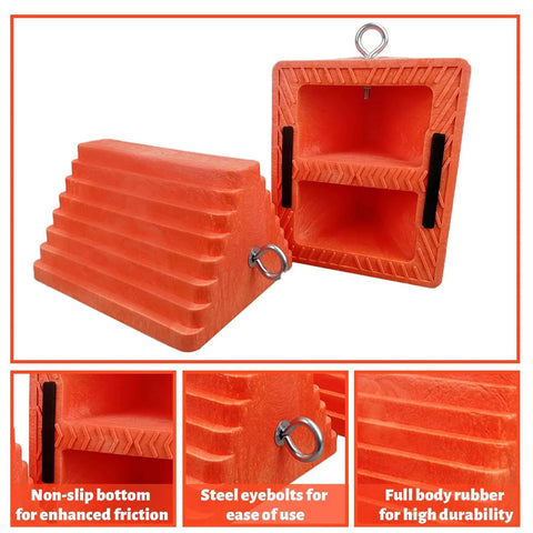 Heavy Duty Orange Wheel Chocks 2 Pack With Eyebolt For Travel Trailer, side and bottom view showing non-slip design and structural foam.