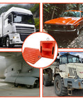 Heavy Duty Orange Wheel Chocks 2 Pack With Eyebolt For Travel Trailer shown near vehicles for secure parking