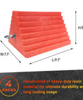 Premium 4 Pack Heavy Duty Wheel Chocks With Eyebolt For Travel Trailers Campers Trucks Cars And ATVs All Weather Durable Rubber Block And Polyfoam Construction Orange, side view with dimensions.