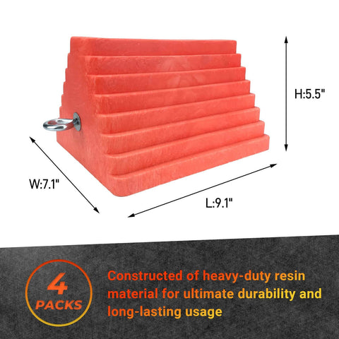 Premium 4 Pack Heavy Duty Wheel Chocks With Eyebolt For Travel Trailers Campers Trucks Cars And ATVs All Weather Durable Rubber Block And Polyfoam Construction Orange, side view with dimensions.