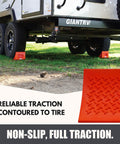 Heavy Duty Wheel Chocks Two Pack That Prevents Movement On Slopes For Boat Trailers RVs Trucks And Campers All Weather Non Slip Solid Rubber With Orange Color By SecurityMan installed under RV