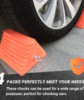 Premium 4 Pack Heavy Duty Wheel Chocks With Eyebolt For Travel Trailers Campers Trucks Cars And ATVs All Weather Durable Rubber Block And Polyfoam Construction Orange, installed on car tire