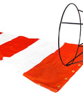 USA Made 18 Inch By 60 Inch Orange And White Nylon Windsock Kit with heavy duty ball bearing frame displayed flat