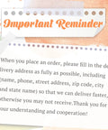 Note with 'Important Reminder' about filling in delivery details for order processing.