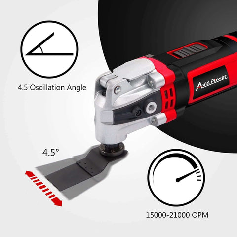 Close-up of 3.5 Amp Oscillating Multi Tool with 4.5 Degree Oscillation showing cutting blade and speed settings for wood and metal.