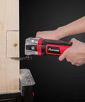 3.5 Amp Oscillating Multi Tool with 4.5 Degree Oscillation cutting wood, showcasing 13 Piece Saw Accessories and Quick Change System