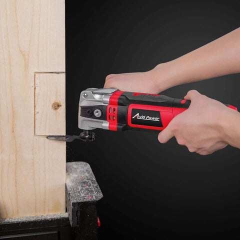 3.5 Amp Oscillating Multi Tool with 4.5 Degree Oscillation cutting wood, showcasing 13 Piece Saw Accessories and Quick Change System