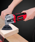 3.5 Amp Oscillating Multi Tool With 4.5 Degree Oscillation cutting wood, featuring variable speeds and quick change system.