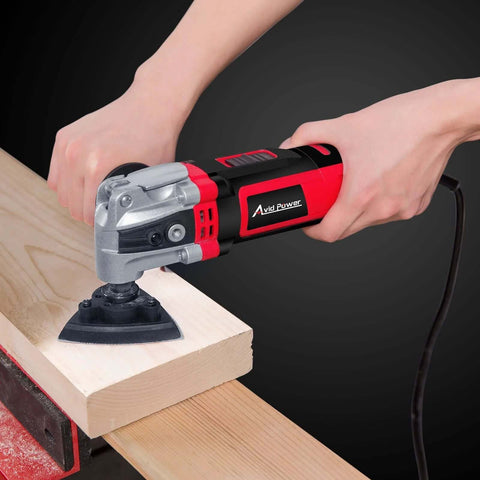 3.5 Amp Oscillating Multi Tool With 4.5 Degree Oscillation cutting wood, featuring variable speeds and quick change system.