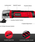 3.5 Amp Oscillating Multi Tool With 4.5 Degree Oscillation, shown with quick change system, auxiliary handle, and speed dial.
