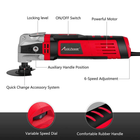 3.5 Amp Oscillating Multi Tool With 4.5 Degree Oscillation, shown with quick change system, auxiliary handle, and speed dial.