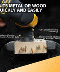 Oscillating Saw Blades 55 Piece Titanium Universal Set cutting wood in vice, highlighting precise cutting on metal and wood