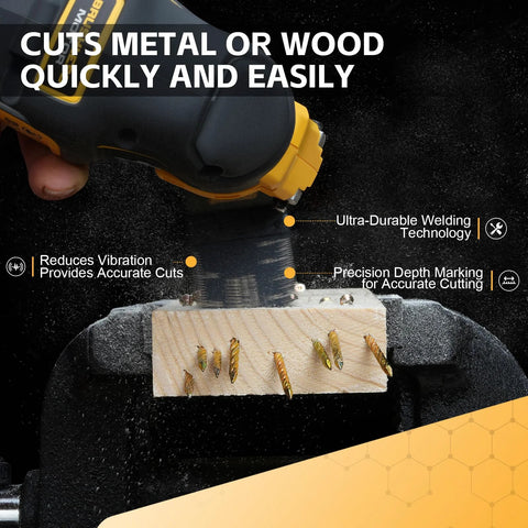 Oscillating Saw Blades 55 Piece Titanium Universal Set cutting wood in vice, highlighting precise cutting on metal and wood