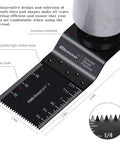Oscillating Saw Blades 55 Piece Titanium Universal Set For Wood Plastic Metal illustrating blade size and teeth design