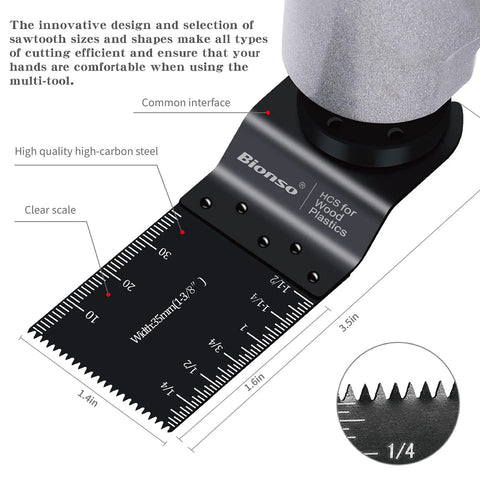 Oscillating Saw Blades 55 Piece Titanium Universal Set For Wood Plastic Metal illustrating blade size and teeth design