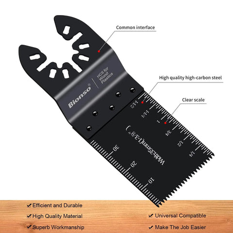 Oscillating Saw Blades 55 Piece Titanium Universal Set for Wood Plastic Metal with quick release interface and clear scale.