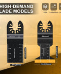 Front view of Oscillating Saw Blades 55 Piece Titanium Universal Set For Wood Plastic Metal with two blade types displayed.