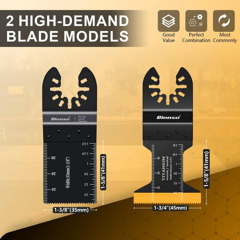 Front view of Oscillating Saw Blades 55 Piece Titanium Universal Set For Wood Plastic Metal with two blade types displayed.