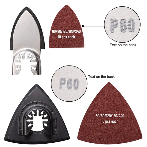 Oscillating Tool Sanding Pads Kit With Triangle And Finger Pads 100 Pcs Grit Set showing triangle and finger pad with grit labels