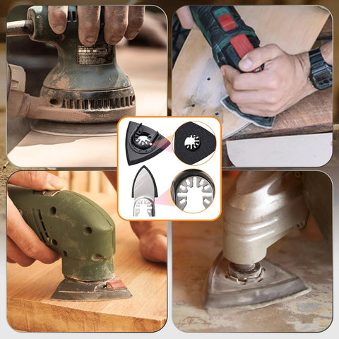 Collage of Oscillating Tool Sanding Pads Kit with Triangle and Finger Pads 100 Pcs Grit Set in use on wood and metal surfaces