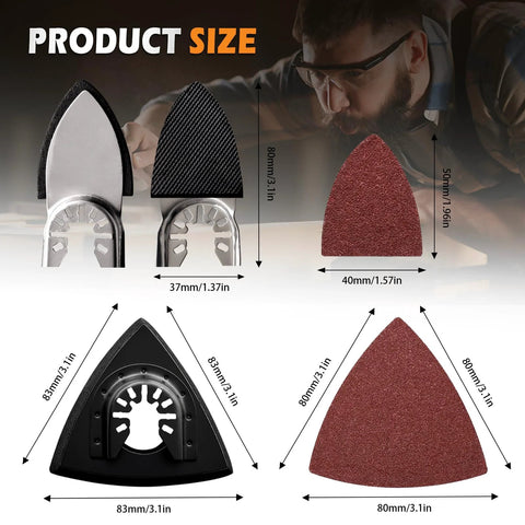 Diagram showing size specifications for Oscillating Tool Sanding Pads Kit With Triangle And Finger Pads 100 Pcs Grit Set.