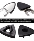 Oscillating Tool Sanding Pads Kit With Triangle And Finger Pads 100 Pcs Grit Set, featuring carbon steel backing for durability.