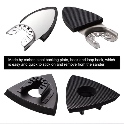 Oscillating Tool Sanding Pads Kit With Triangle And Finger Pads 100 Pcs Grit Set, featuring carbon steel backing for durability.
