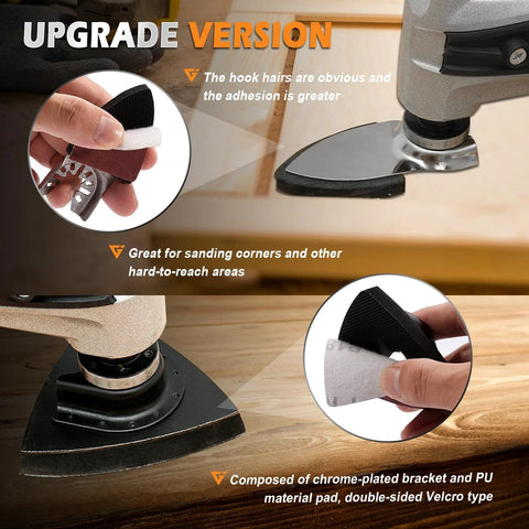 Oscillating Tool Sanding Pads Kit With Triangle And Finger Pads 100 Pcs Grit Set shown with triangle holder in use
