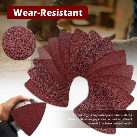 Oscillating Tool Sanding Pads Kit With Triangle And Finger Pads 100 Pcs Grit Set in display showing wear-resistant sanding pads