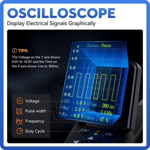 Oscilloscope display on V500 Pro All In One Automotive Electrical Tool with voltage, pulse width, frequency, and duty cycle indicators.