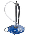 OTC 2352 Lever Action Bucket Pump with hose and steel spout for 5-gallon pails, featuring a blue base and handle