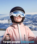 Child wearing OTG Kids Ski Goggles For Boys And Girls Anti Fog Snowboard Goggles Youth while skiing in snowy mountains