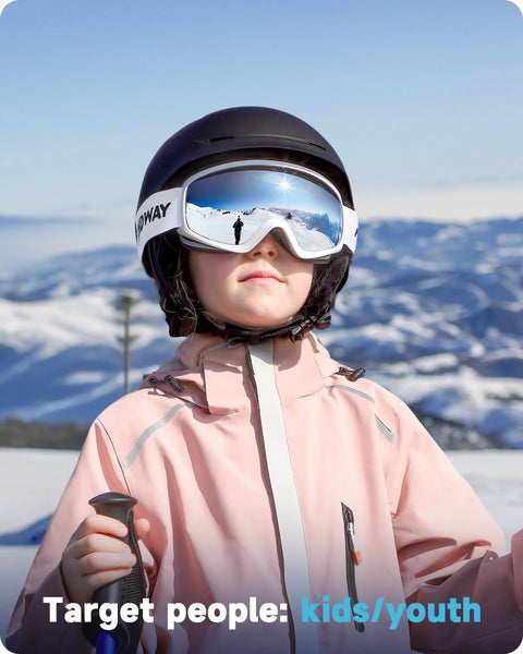 Child wearing OTG Kids Ski Goggles For Boys And Girls Anti Fog Snowboard Goggles Youth while skiing in snowy mountains