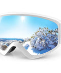 White OTG Kids Ski Goggles For Boys And Girls Anti Fog Snowboard Goggles Youth with snowy mountain reflection.