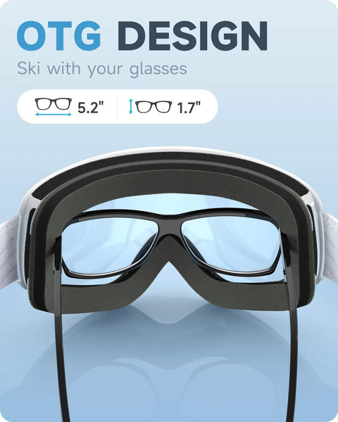 OTG Kids Ski Goggles For Boys And Girls Anti Fog Snowboard Goggles Youth showing OTG fit over glasses, 5.2" width, 1.7" height