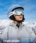 Child wearing OTG Kids Ski Goggles For Boys And Girls Anti Fog Snowboard Goggles Youth in snowy mountain scenery.