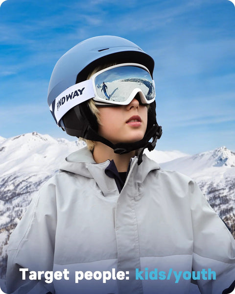 Child wearing OTG Kids Ski Goggles For Boys And Girls Anti Fog Snowboard Goggles Youth in snowy mountain scenery.