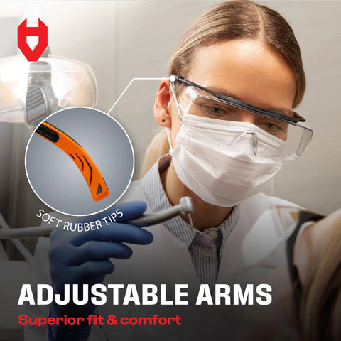Safety Glasses Over Eyeglasses with Integrated Side Shields UV400 ANSI Z87 worn by a dentist with adjustable rubber arms